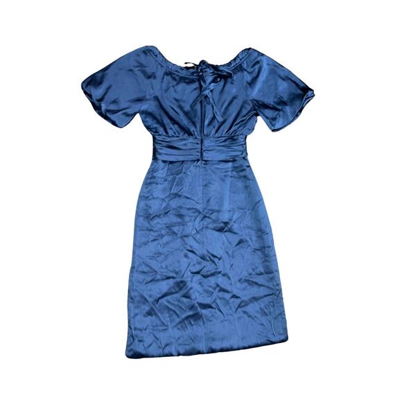 BCBG Paris Navy Blue Satin like Dress tie cinched waist knee length Size 2 - Picture 2 of 4